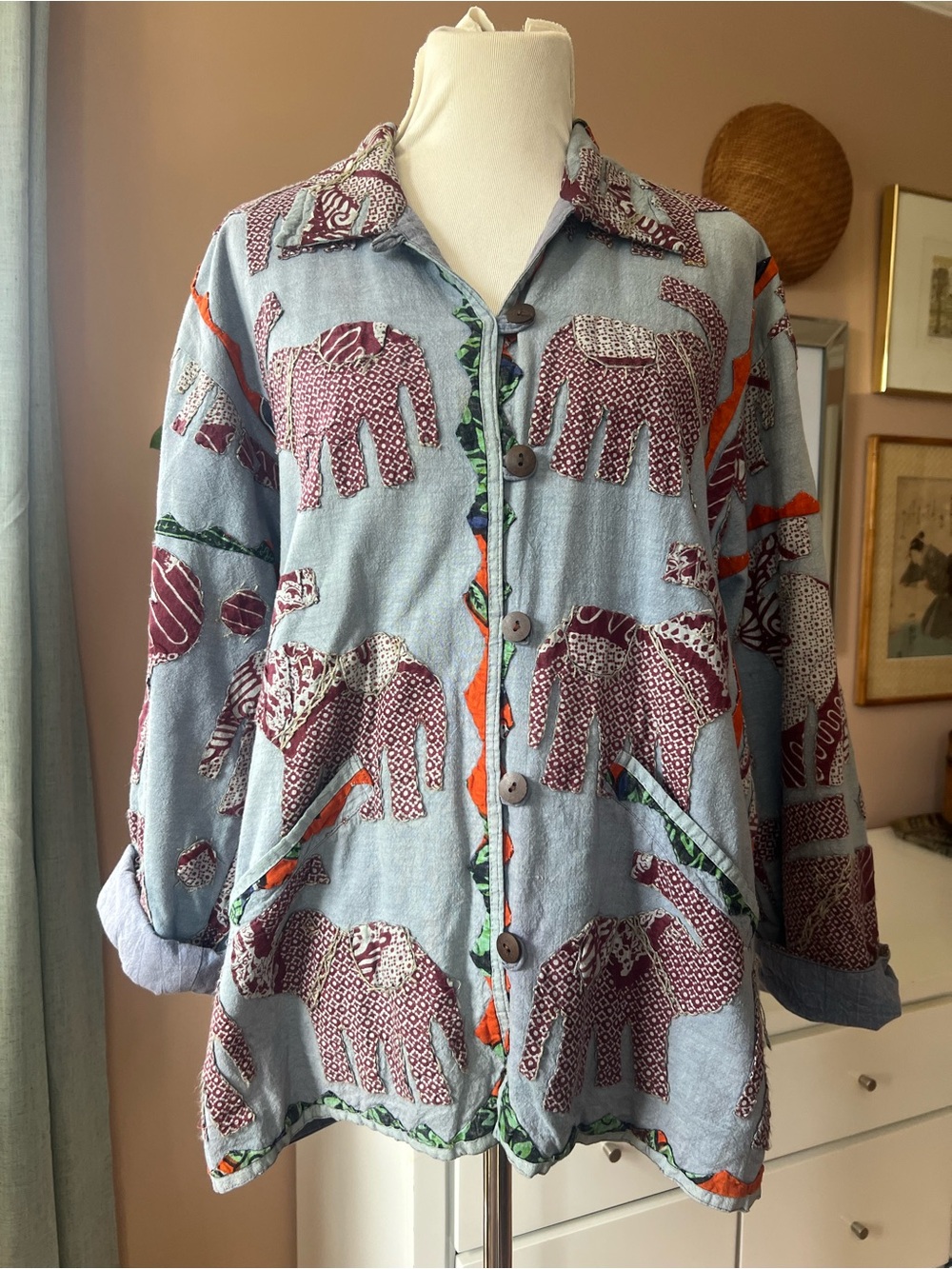 Vintage Indian Patchwork Elephant Shirt Jacket Cotton Appliqué Sacred Thread S/M